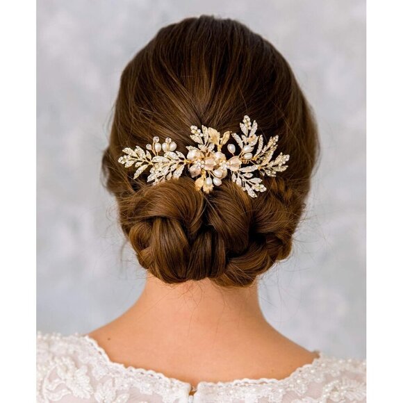 ?Women Gold Flower Crystal Hair Comb Accessories with Pearl Side Comb Headpiece